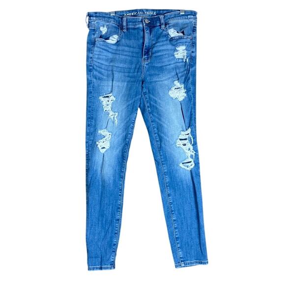 American Eagle Womens Jeans Blue Denim Distressed Jegging Next Level Stretch 12 - Picture 1 of 12